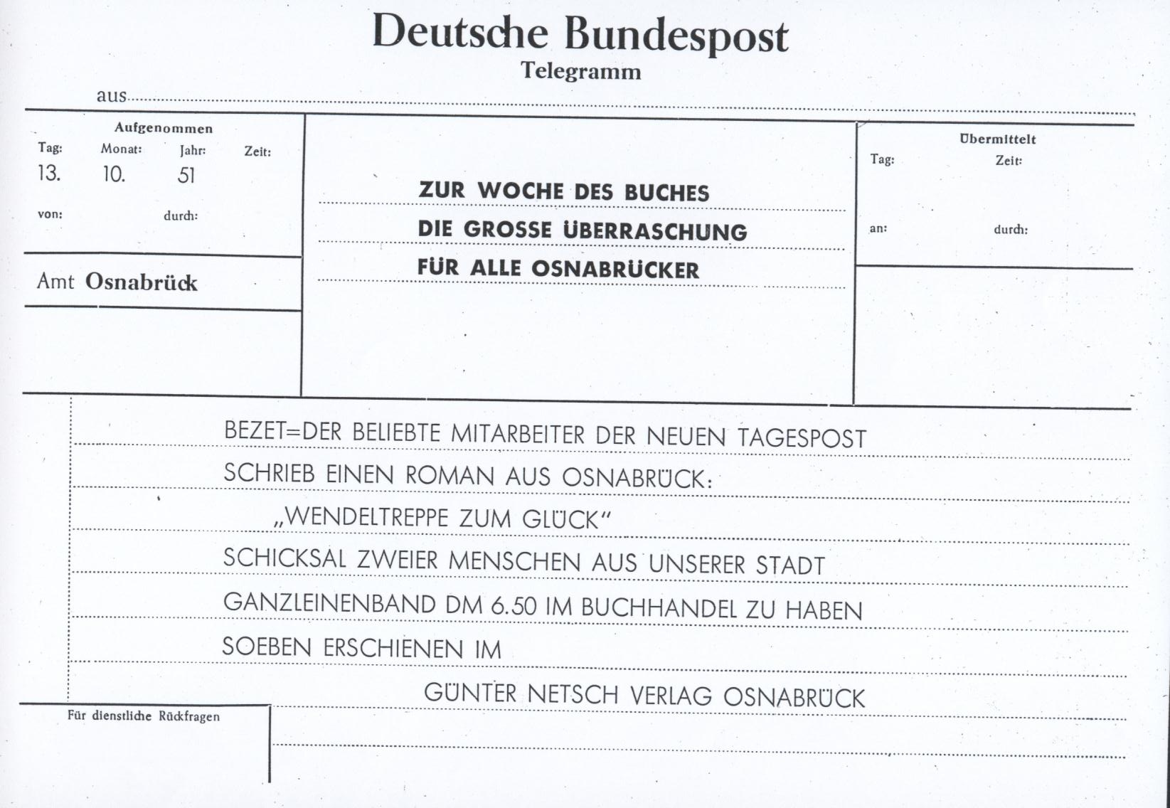 Telegramm zu Veröffentlichung von Wendeltreppe zum Glück